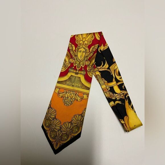 Vintage GIANNI VERSACE Silk '90s Baroque Atelier Gold Orange Red Necktie Tie